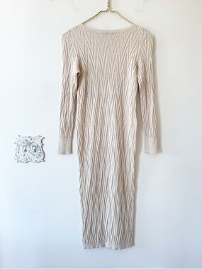 D. Exterior Cream Beige Cable Knit Wool Bodycon Long Sleeve Sweater Dress XS